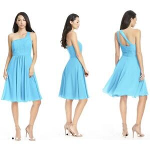 Azazie One Shoulder Chiffon Dress Knee Length Pleated Lined Jade Blue Green A0